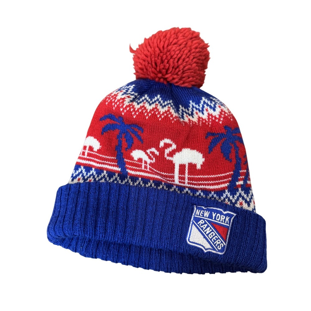New York Rangers Hat Beanie Knit‎ Mens One Size Blue Red NHL Hockey Pom Adidas